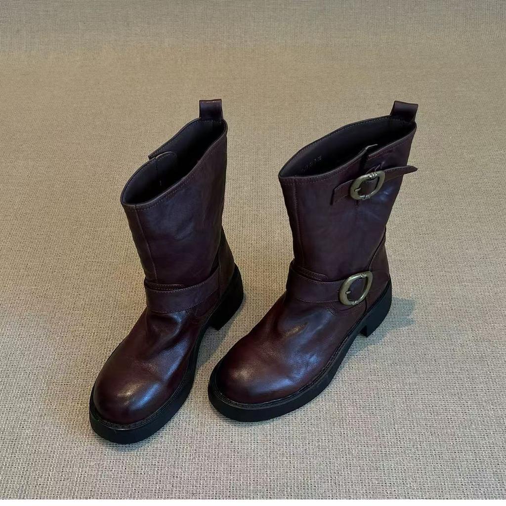 Sheepskin version~ retro round head belt buckle medium boots 2025 new thick heel Martin boots knight boots
