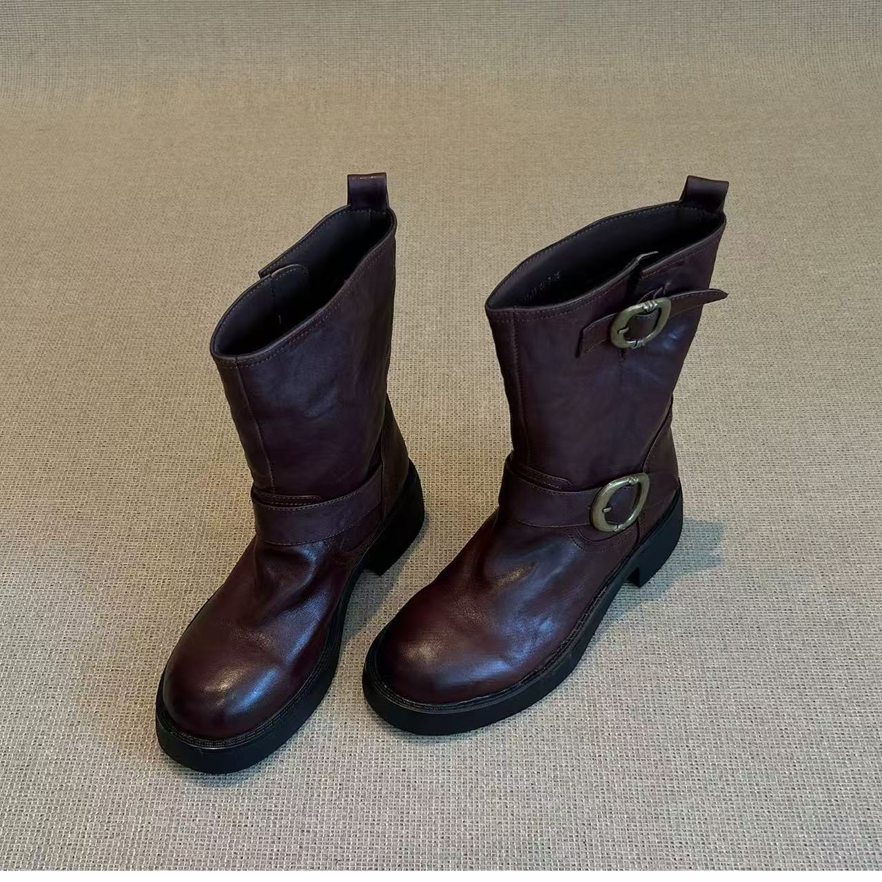 

The first layer of washed cowhide 2025 autumn and winter new belt buckle knight boots women s thick heel versatile knight boots 40