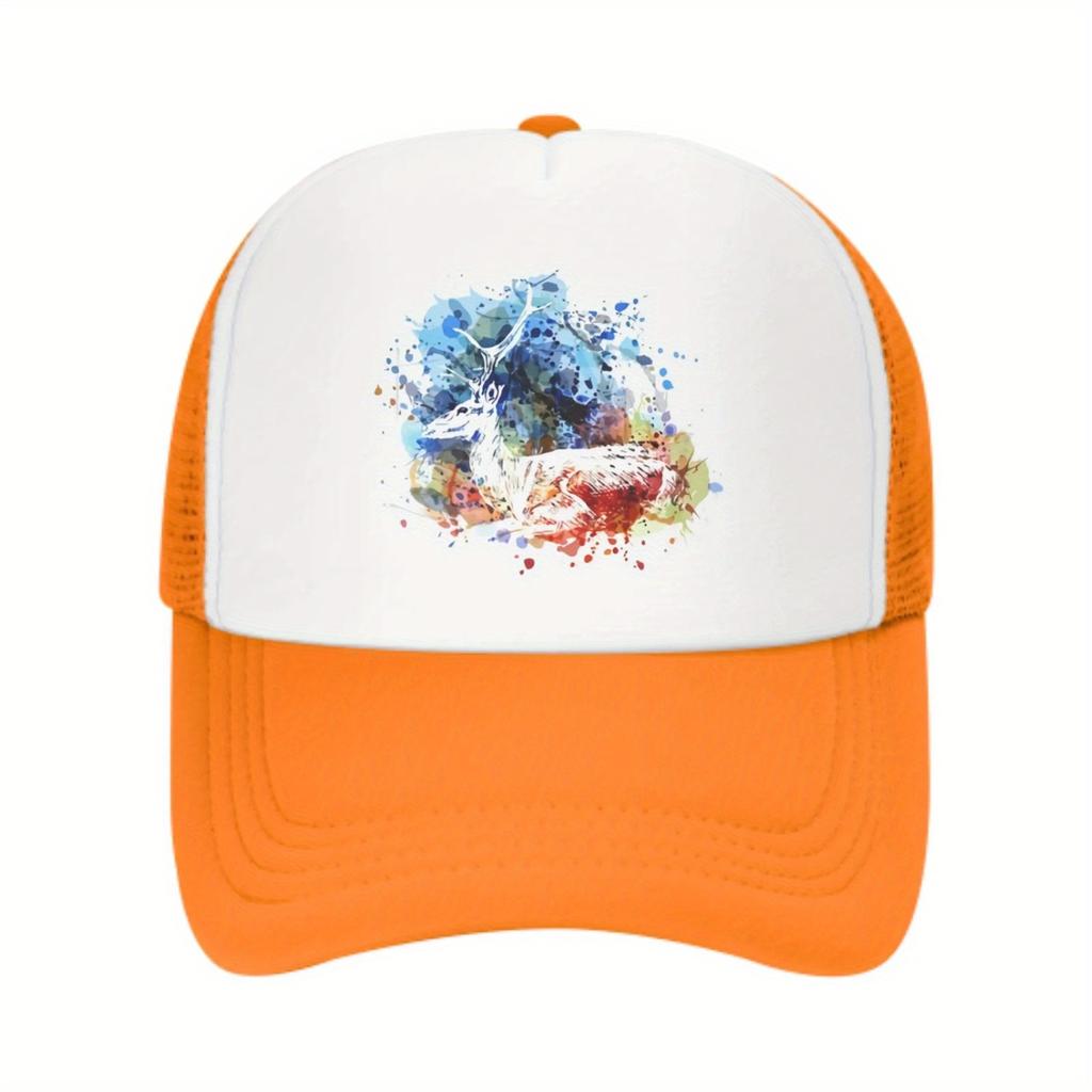 Watercolor Deer Graphic Print Mesh Back Trucker Hat Unisex Casual Adjustable Baseball Cap