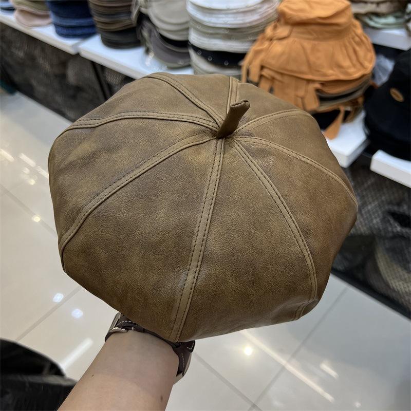 

Осень и зима вымытый старый ПУ кожаный берет женский персонализированный ретро локомотивный ветер шляпа-тыква M（56-58cm） хаки
