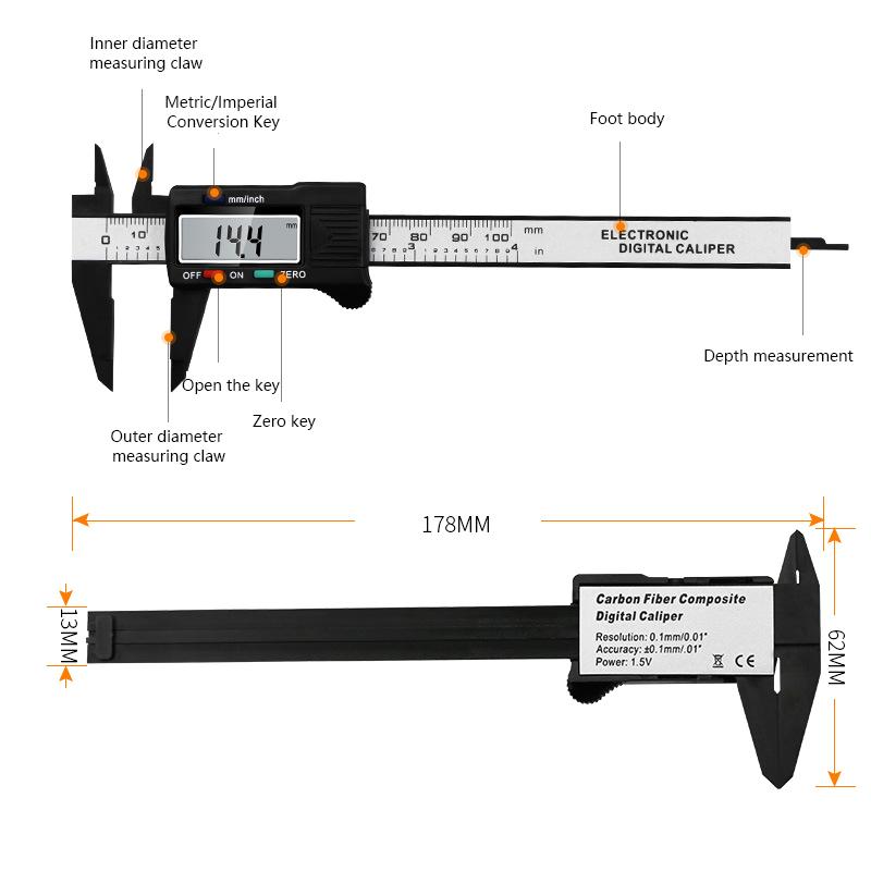 1 Stück Uhrmacher-Reparaturwerkzeug, 100 mm, elektronischer digitaler Messschieber, Carbonfaser-Zifferblatt, Messschieber, Mikrometer, Messlineal