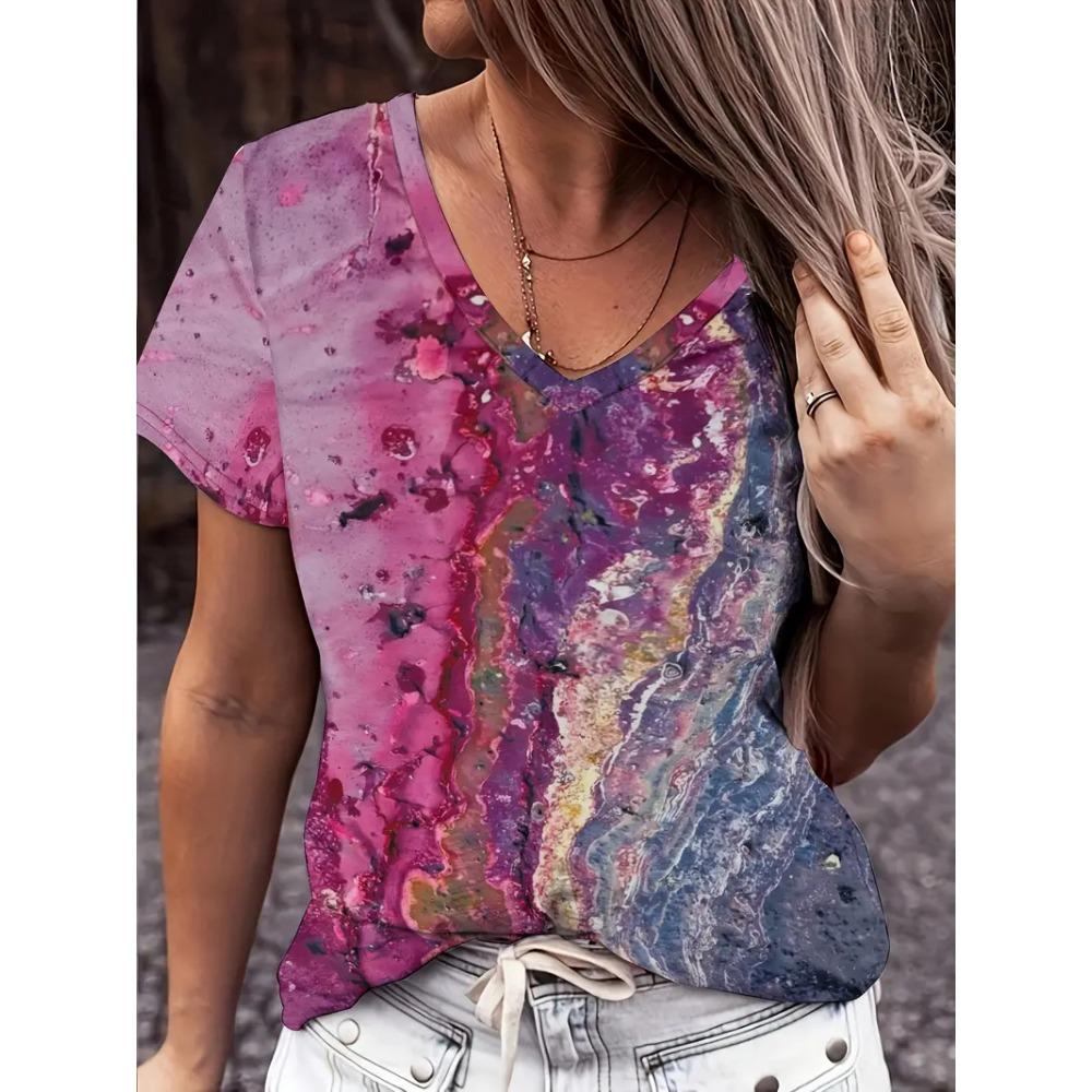 Fashion Women's V-neck T-shirt Summer Outdoor Street Trend Short-sleeved Blouse Floral Print Pattern Loose Clothing
