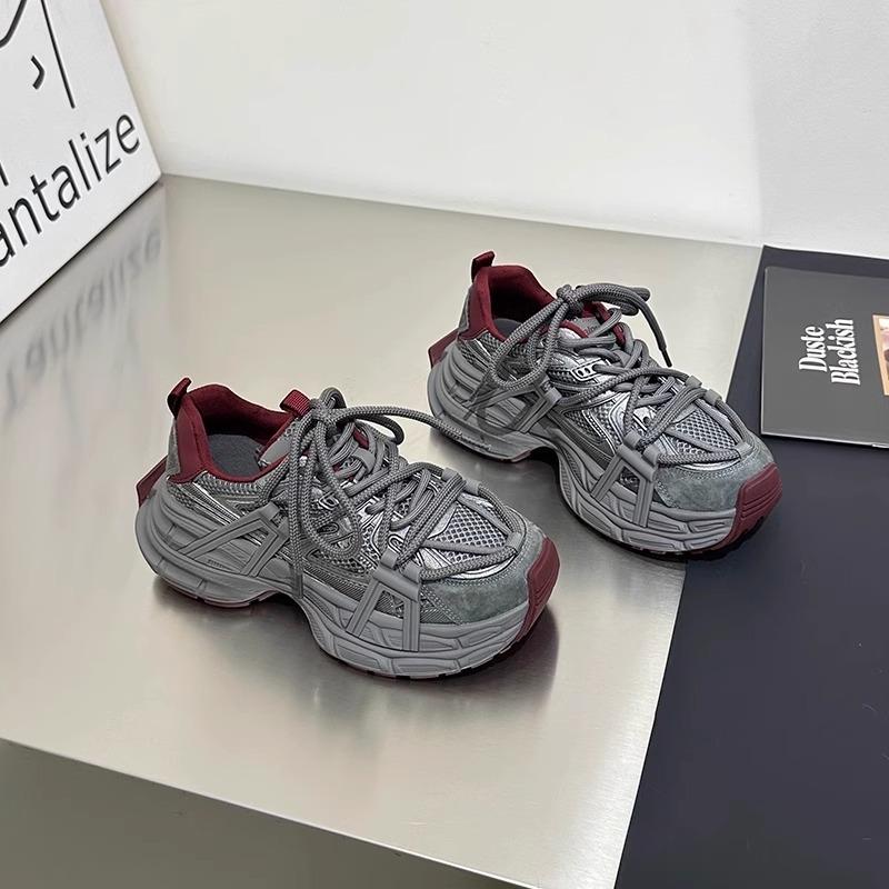 Leather platform dad shoes women's autumn 2025 new mesh retro color matching versatile height-increasing casual sports shoes