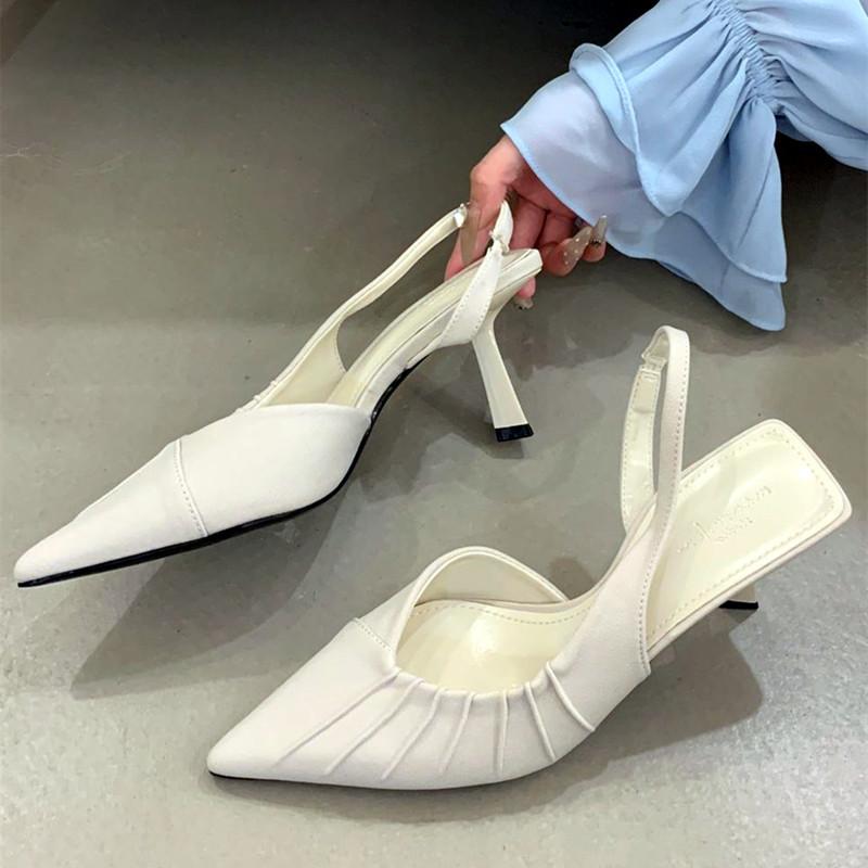Fashion Flannel Pleated Pointed Toe High Heels Women Simple Buckle Strap Thin Heeled Sandals Summer Elegant Outdoor Casual Office Shoes