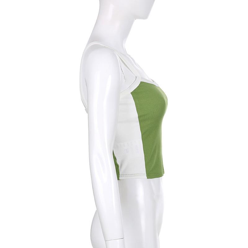 American Retro Spicy Girl Versatile Contrast Stripe Strap Sexy Off Shoulder Tight Open Umbilical Short Tank Top