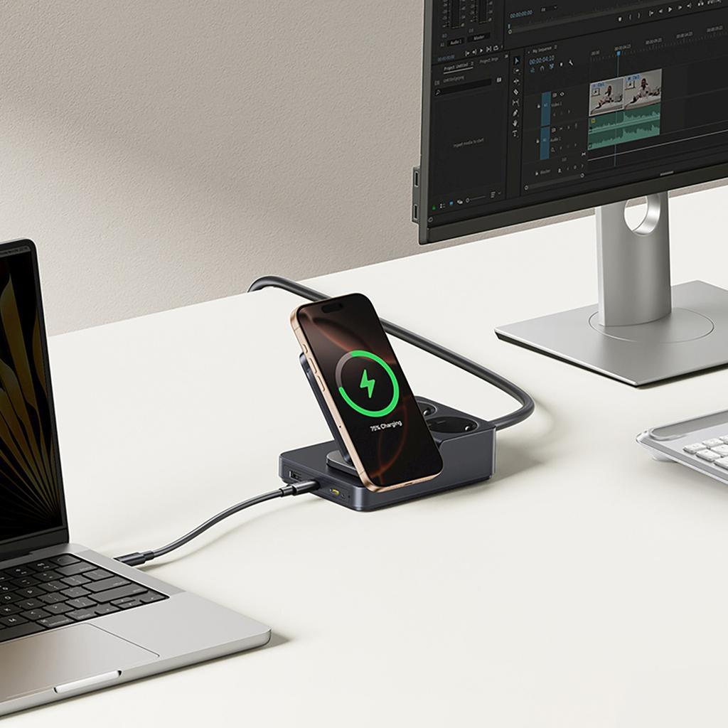 6-in-1 Wireless Charging Station USB-A USB-C 2x AC Socket 67W - Black