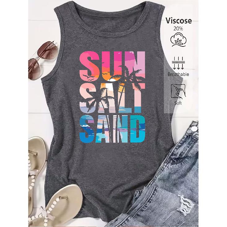 2026 Trendy SUN SALT SAND Beach Sunset Print Women Sleeveless Vest High Quality Casual Summer Tank Top