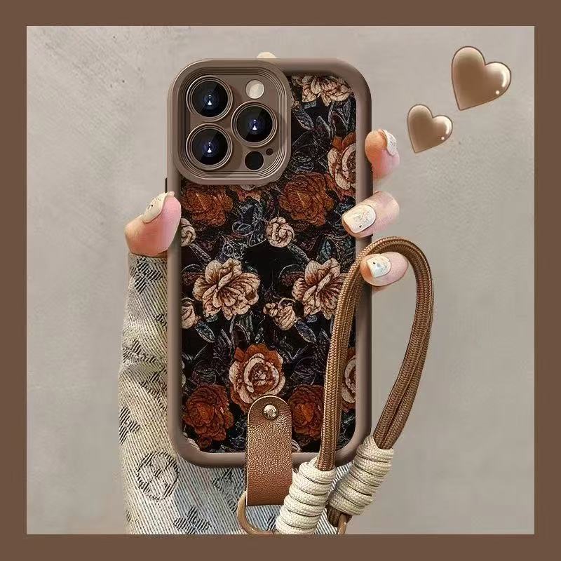 Retro flower for iphone17pro mobile phone case Apple 15 anti-drop 14 hand rope 13promax new 16x