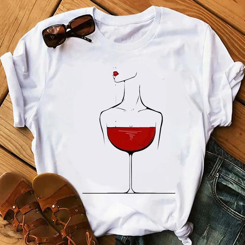 Wine Glass Wine Glass Print Short Sleeve T Shirt Women Vintage Tops Harajuku  Graphic T-shirts Aesthetic Clothes Tee