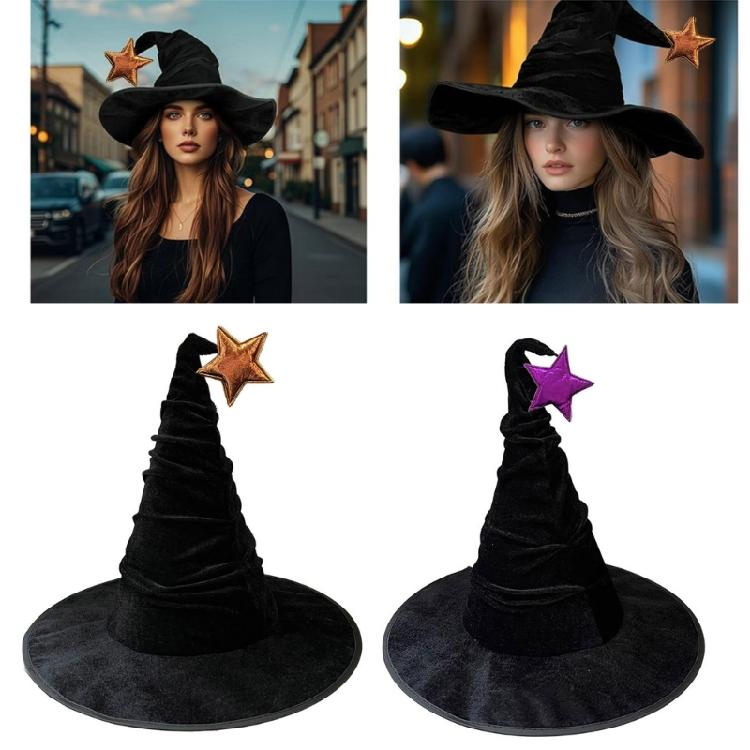 Halloween Witch Hat Pleated Wizard Caps for Women Girls Wizard Cosplay Costume Accessories Star Pointed Hat Gifts