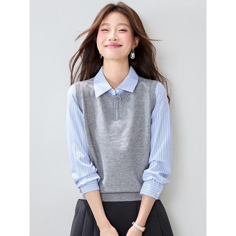 La Chapelle Women's Striped Faux Two-Piece Polo Collar Long Sleeve T-Shirt