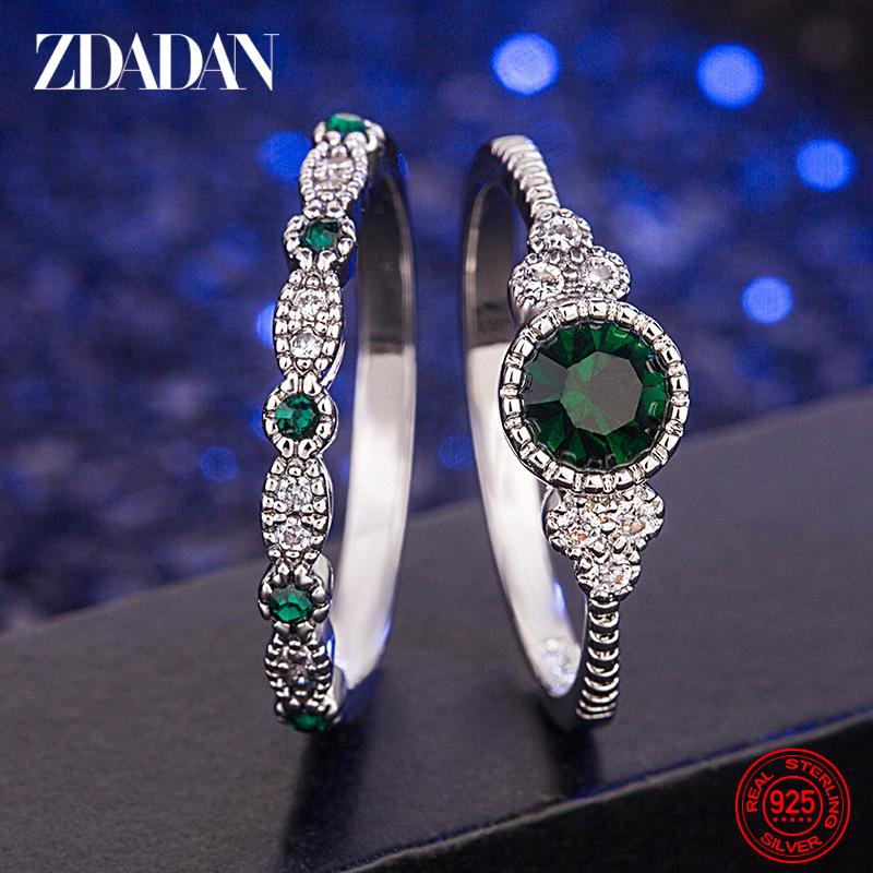 

925 Silver 2pcs Emerald Zircon Rings for Women Fashion Wedding Jewelry 6 зелёный