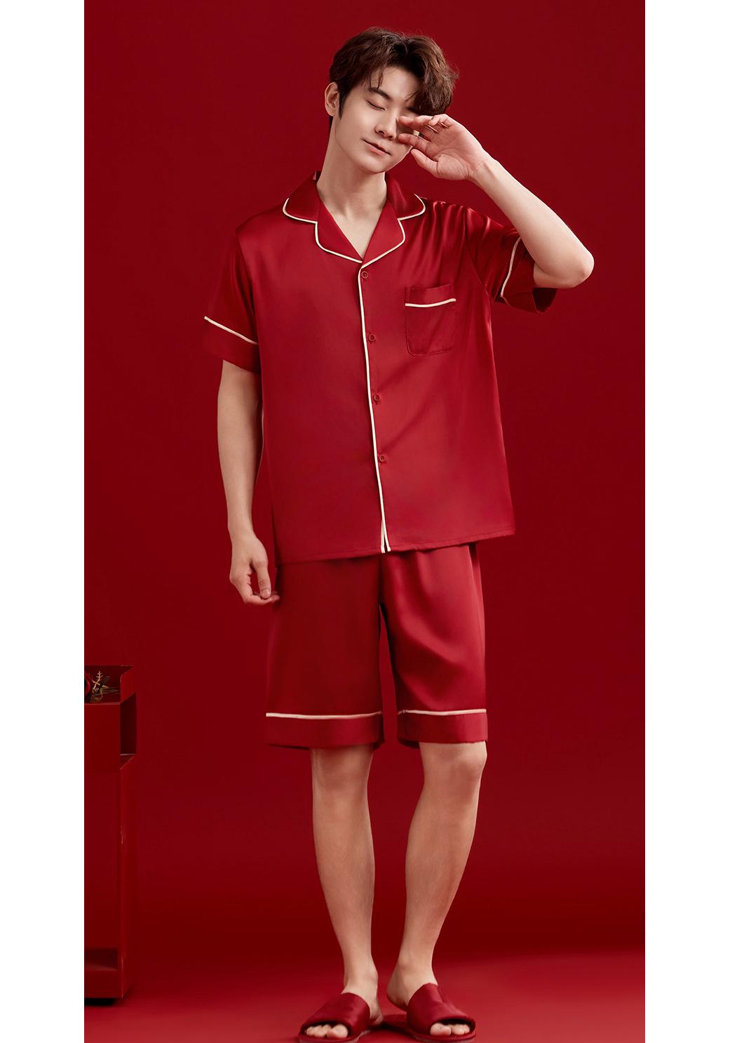 Women s Red Ice Silk Lace Bathrobe Set - Includes Couple s Outer Robe & Lace Camisole for Brides, Breathable and Elegant. L