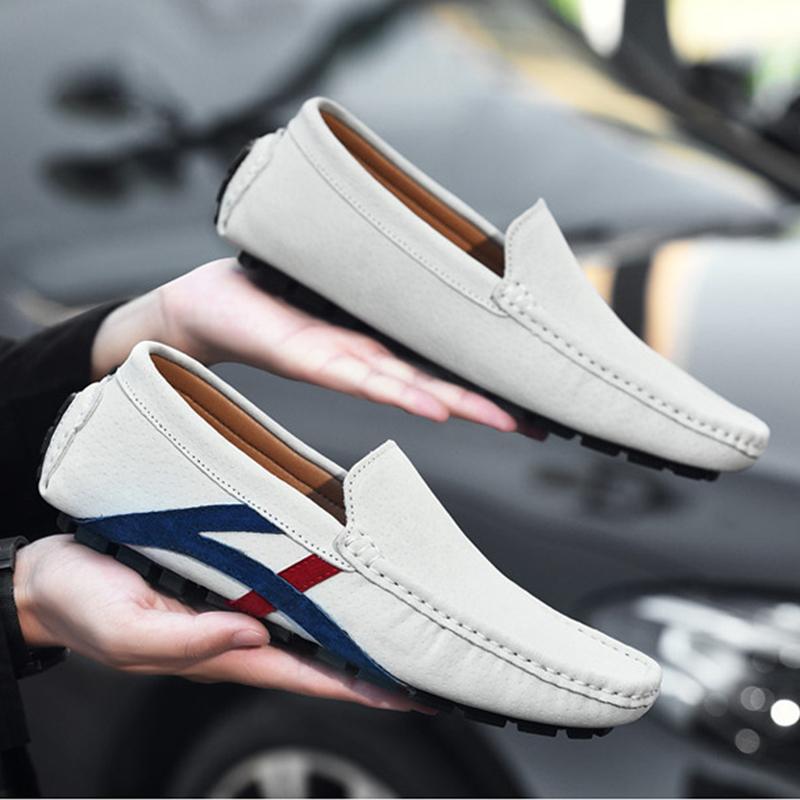 

Весна/лето, мужские повседневные туфли-бобы большого размера, деловая обувь из натуральной кожи, обувь для ленивых, мужская обувь с закрытыми ножнами 38 белый