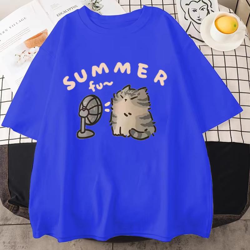 2026 Summer Hot Sale Korean Version Retro Minimalist Cat Printed Summer Tshirt Casual Loose Couple Thin Short Sleeve Unisex Unisex