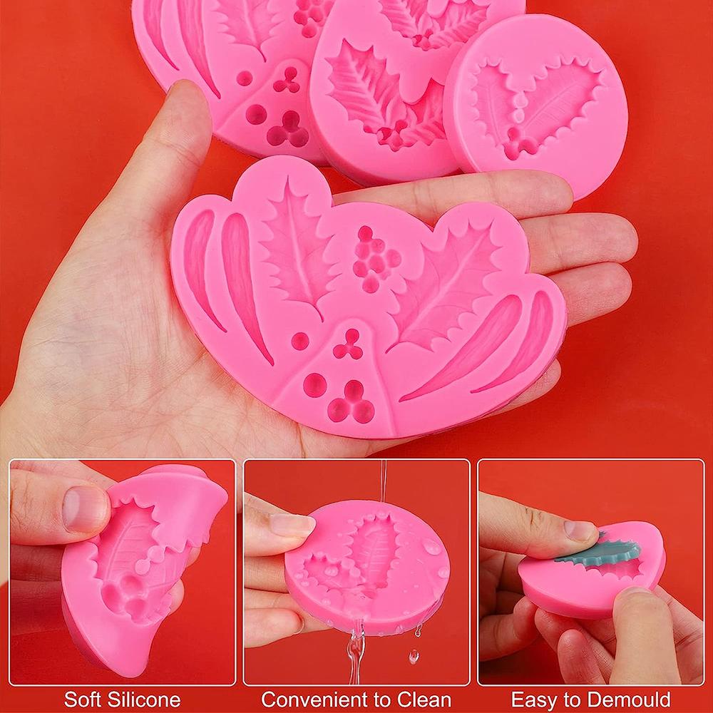 3Pcs Christmas Holly Leaves Silicone Molds Holly Leaf Fondant Chocolate Dessert Cake Decorating Baking DIY Art Crafts Making