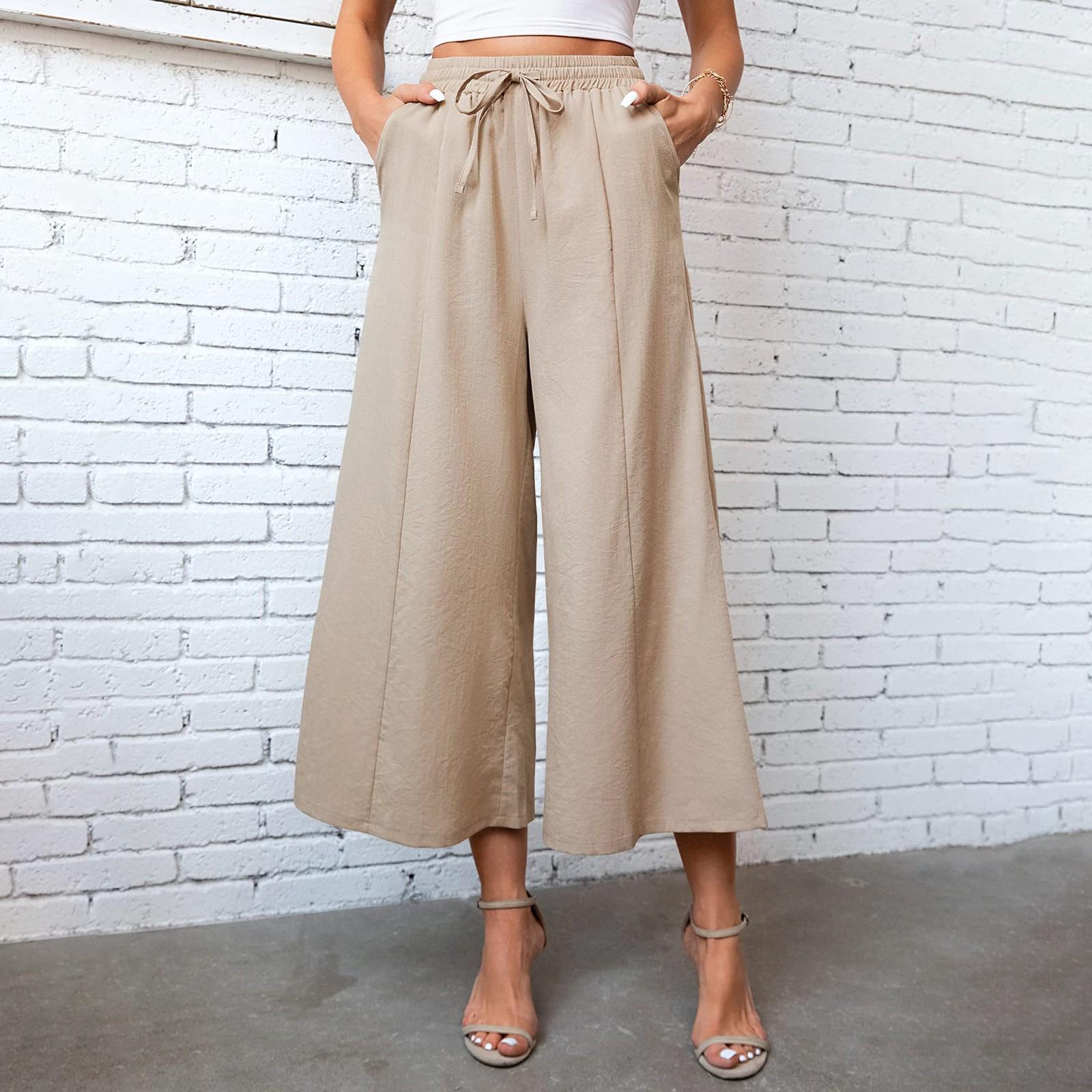 Женские льняные брюки с широкими штанинами и шнурком — фото 4