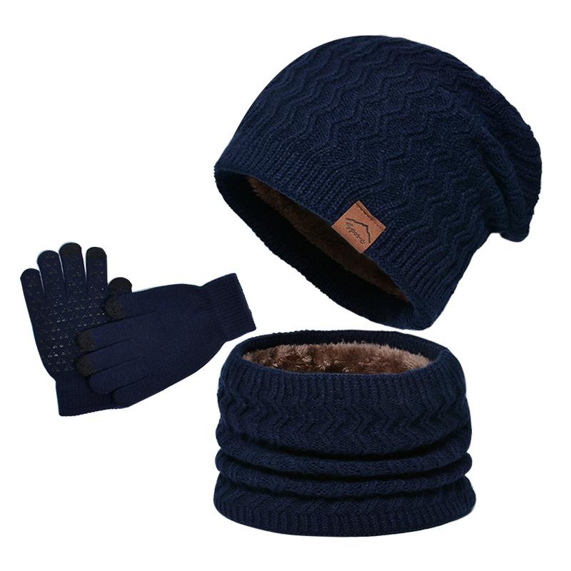 

Европейская и американская мужская вязаная шапка, зимняя теплая шапка с флисовой подкладкой, комплект из шарфа, утепленная шерстяная шапка Average size