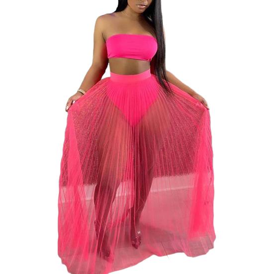 3Pcs/Set Vest Skirt Set Sexy Bandeau Tops High Waist Briefs Mesh Pleated Long Skirt Set Solid Color Outfit