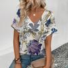 Summer V-neck 3D Floral Pattern Printed Top Fashionable Casual Short Sleeved Women's T-shirts