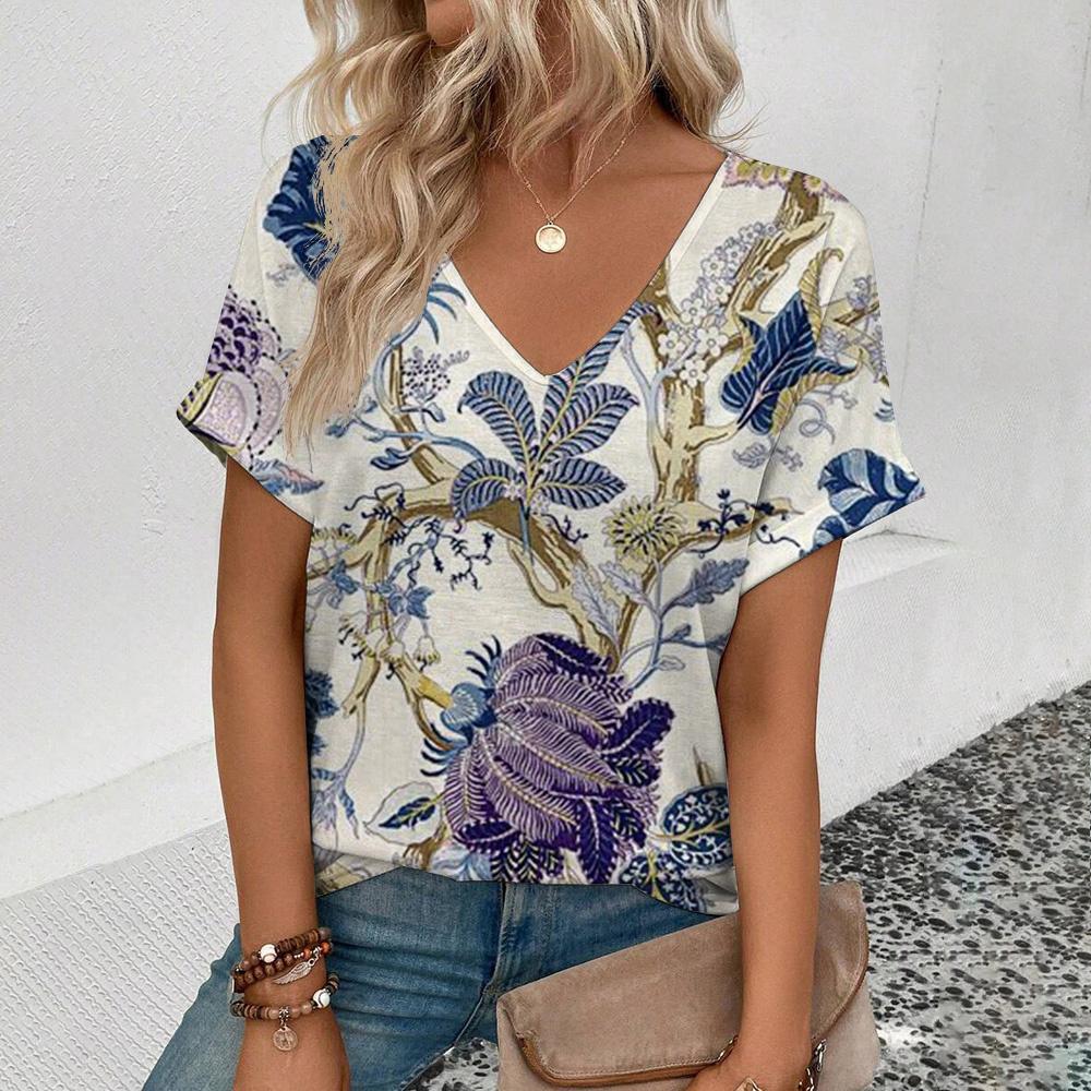 Summer V-neck 3D Floral Pattern Printed Top Fashionable Casual Short Sleeved Women's T-shirts