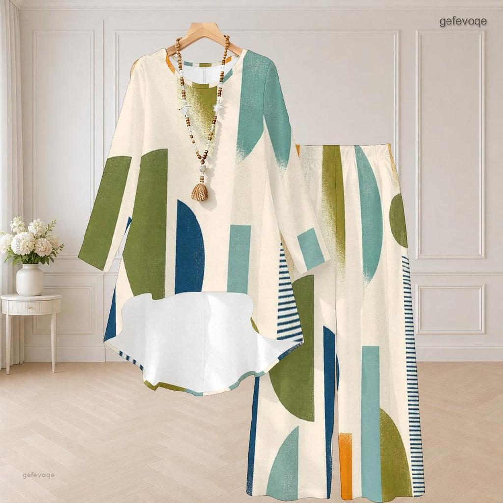 Women Plus Size Round Neck Long Sleeve Multicolor Geometric Printed High Low Top Wide Leg Pants Two Piece Set