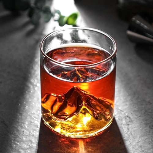Whiskey glass, rocks glass, sake glass, clear glass tumbler with Kanzan mountain design, wooden box included (approx. 325ml capacity)
