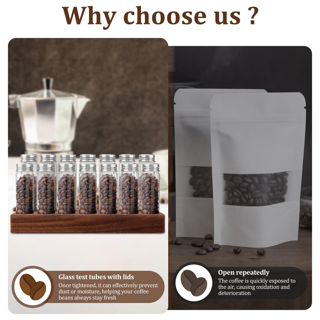7/14Pcs Coffee Bean Storage Tubes with Walnut Wood Display Stand Portable Single Dose Coffee Bean Container Sealed Coffee Bean