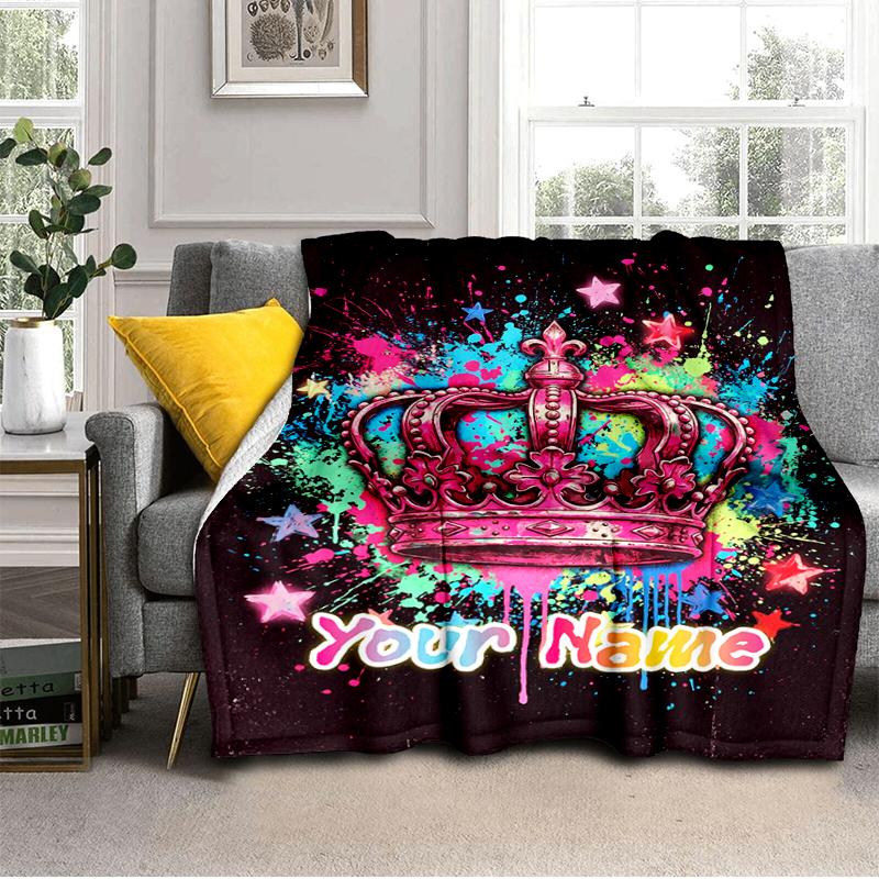1PC Custom Name Crown Stars Graffiti Art blanket versatile,all-season throw suitable for the living room,bedroom,camping,travel,and gift
