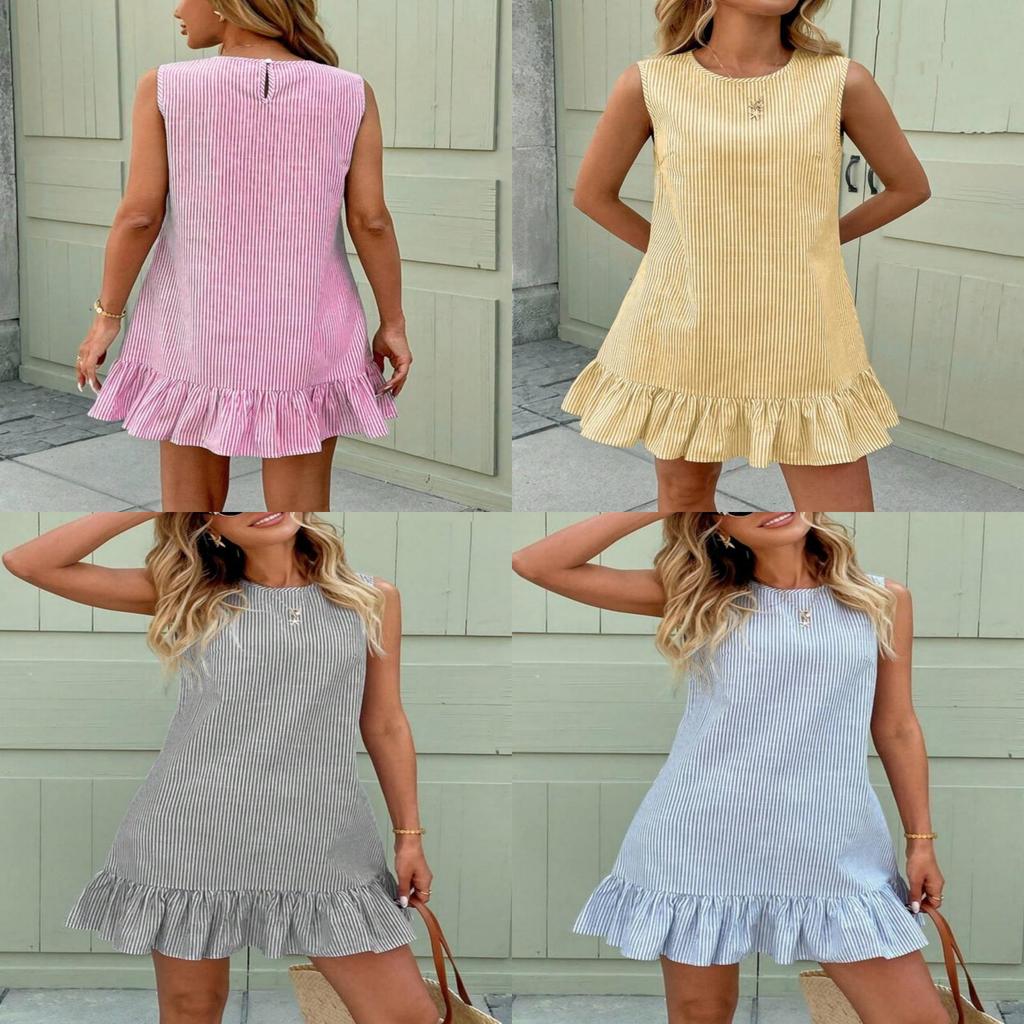 Summer Sleeveless Ruffle Hem Casual Dress With Piping For Travel And Date Night