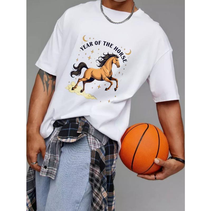 White T-Shirt Year of The Horse Print with Golden Stars and Moon Design for Casual Wear