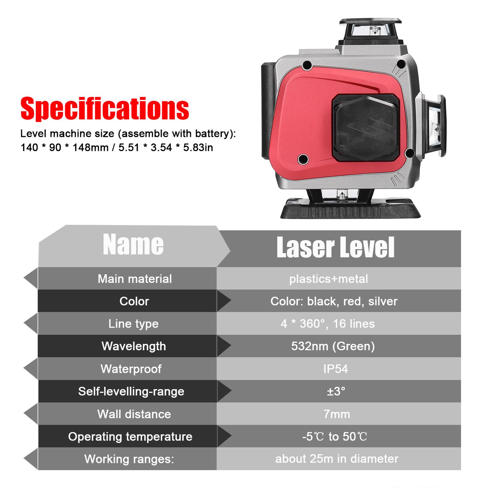 

Многофункциональный лазерный уровень с 16 линиями, 3 градуса, самовыравнивающаяся машина, нивелирующая перезаряжаемая литиевая батарея