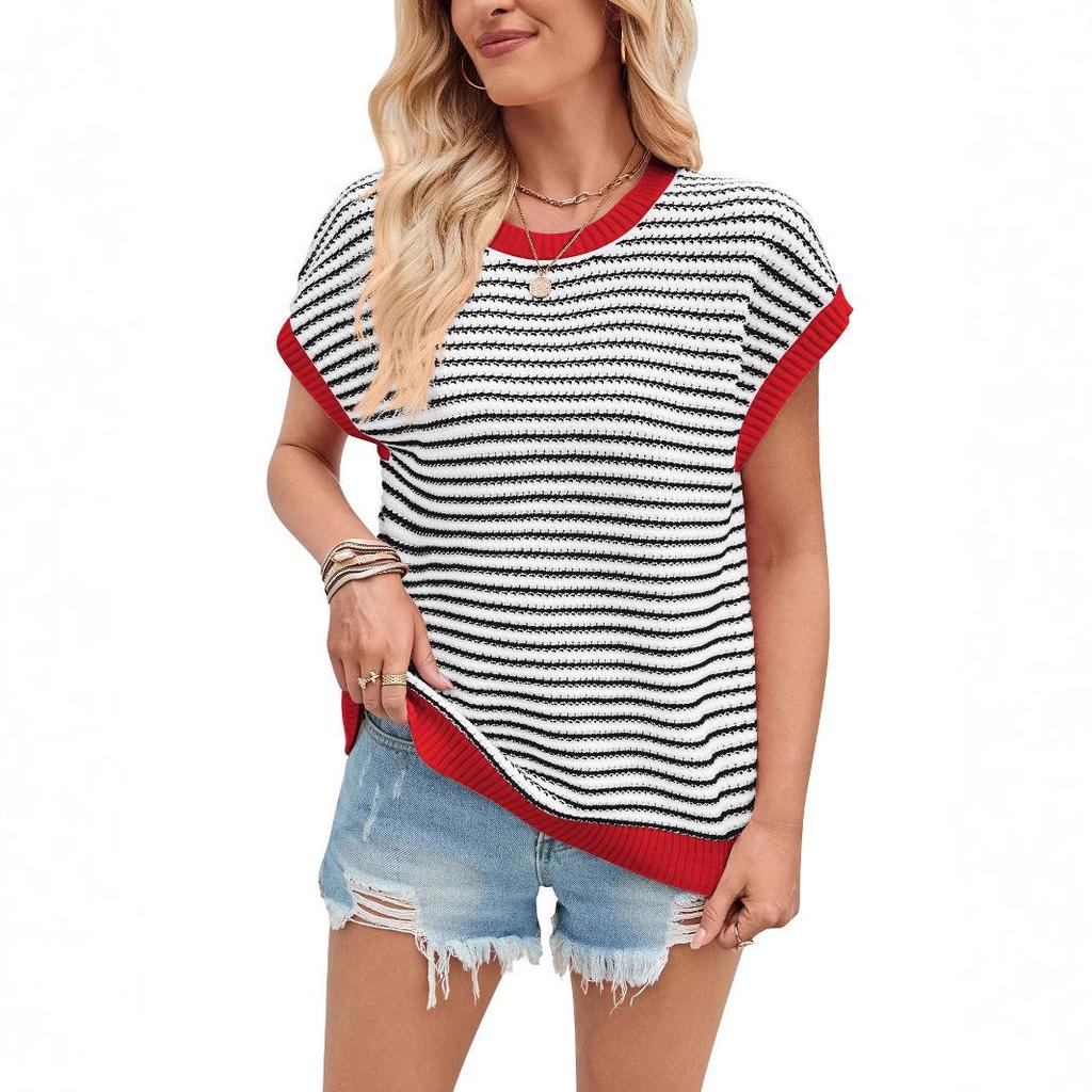 European New Fashion Striped Knitwear: Casual Color Block Batwing Sleeve Round Neck Sweater (2025)