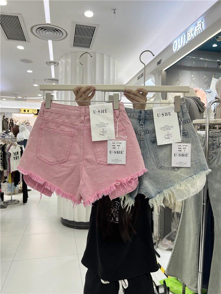 Summer 2026 American Pink Ripped Denim Shorts - Korean Style Wide-Leg A-line Hot Pants