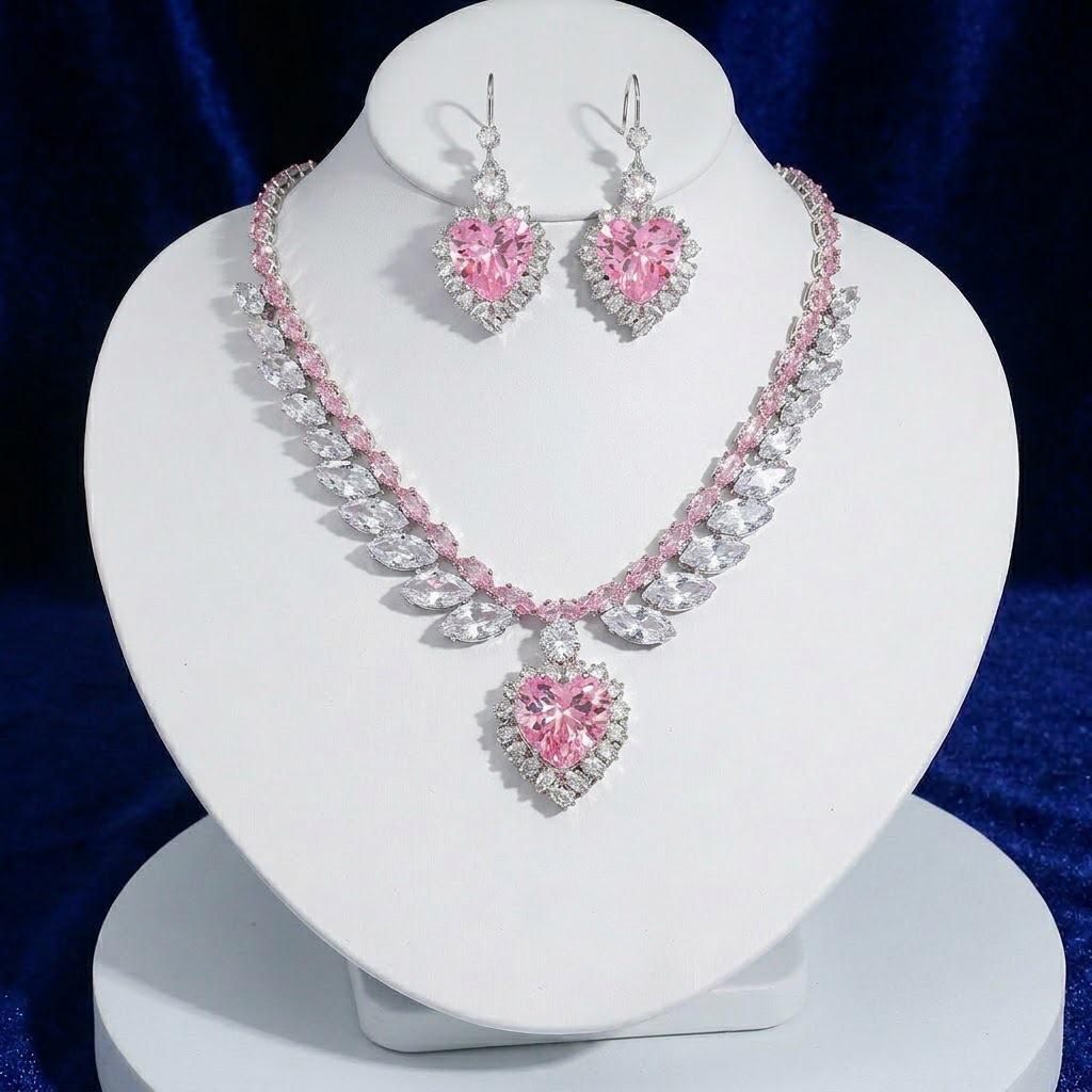Trendy Pink Zircon Heart Necklace and Earrings Set