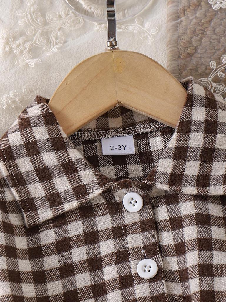 Mädchen Europäischer & Amerikanischer Stil Kleinkind Kaffee Weste + Kariertes Langarmkleid Set