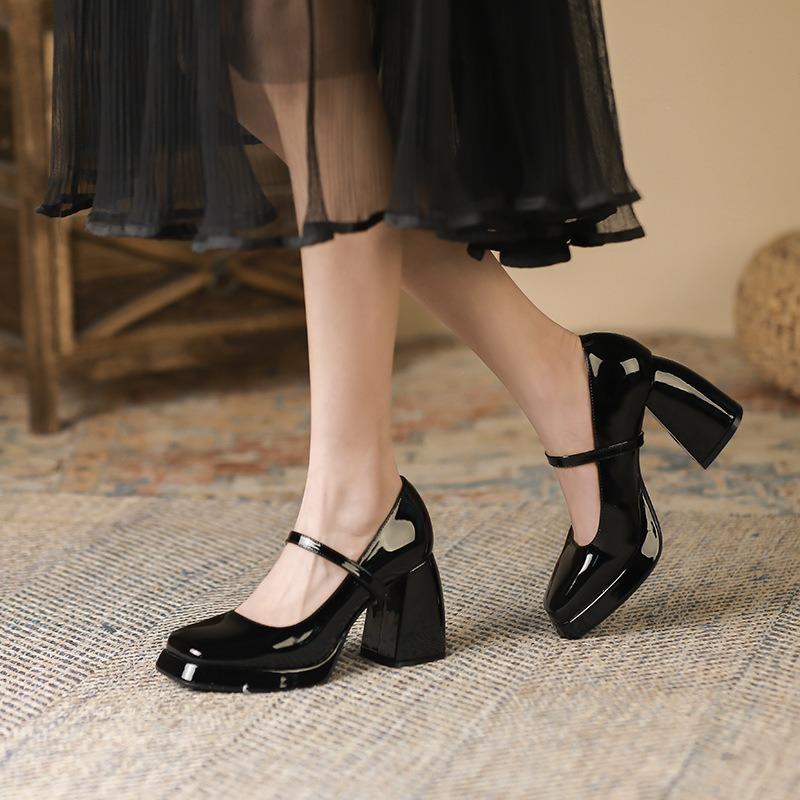 9-Mary Jane Shoes Autumn New Square Head Thick Heel High Heels Retro Mary Jane Shoes