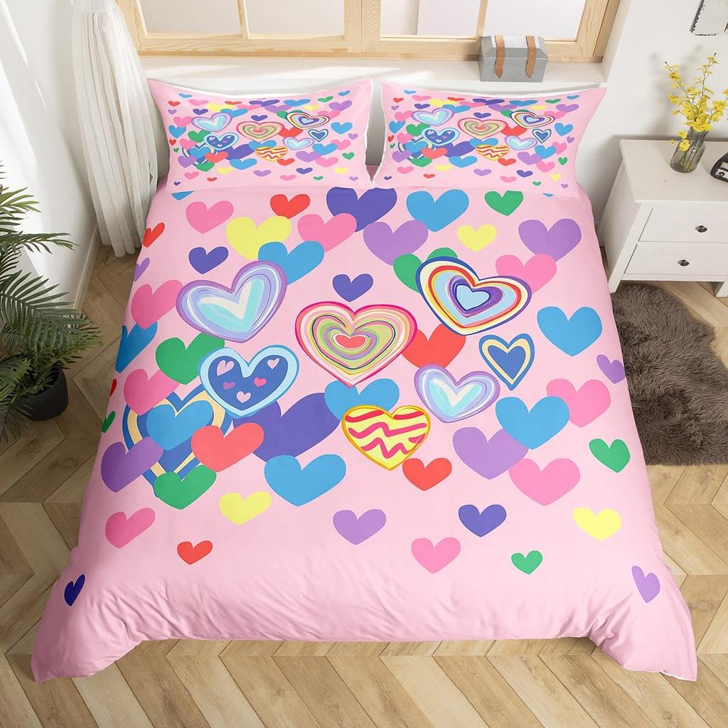 Colorful Rainbow Heart Duvet Cover Sets For Kids Boys Girls Queen Lightweight Quilt Covers Love Heart Bedding Sets Bedroom Decor