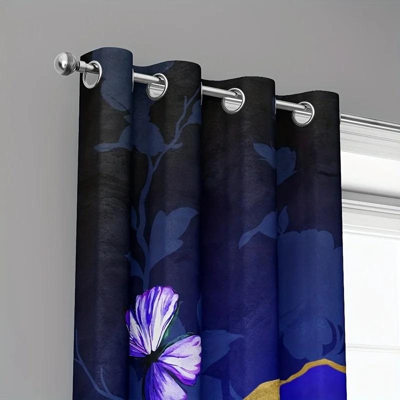 Blue Rose Butterfly High Shading Curtains Fashionable Printed Curtain for Bedroom Kitchen and Living Room Home Decor 2 Panels
