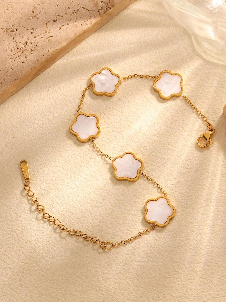 Korean Fashion Elegant Simple Simple Hundred Stainless Steel 18K Gold-Plated Five Leaf Flower Mother-Of-Zircon Bracelet Women'S