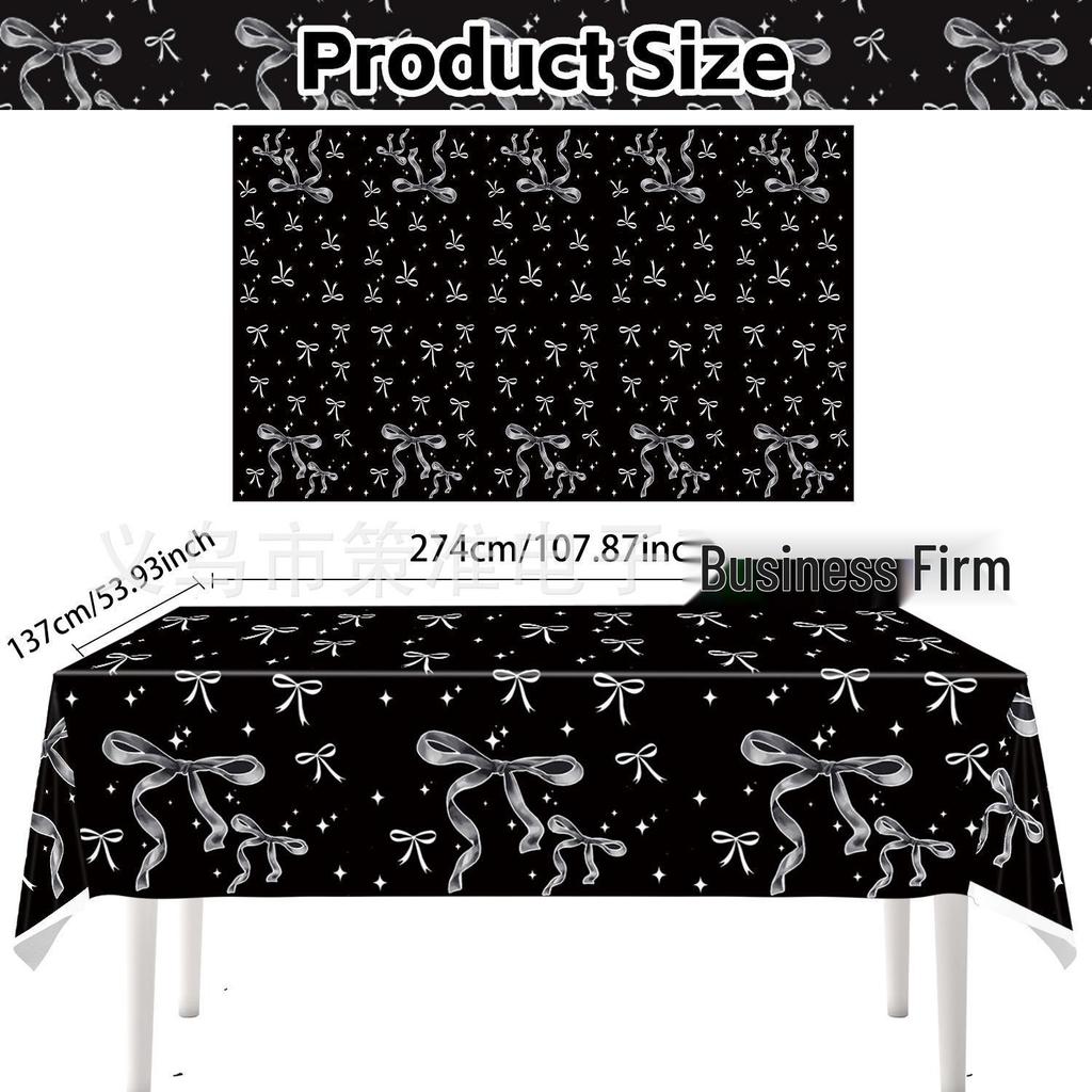 Set di stoviglie per festa di compleanno con fiocco bianco e nero: Include Tovaglia Monouso, Tovaglioli, Bicchieri, Piatti e Decorazioni.