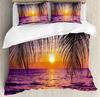 Paesaggio Marino Re Regina Matrimoniale Copripiumino Hawaii Paesaggio Oceanico Set Biancheria da Letto Palma Tropicale Tramonto Poliestere Coperta Trapuntata