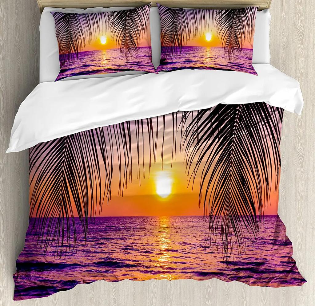 Paesaggio Marino Re Regina Matrimoniale Copripiumino Hawaii Paesaggio Oceanico Set Biancheria da Letto Palma Tropicale Tramonto Poliestere Coperta Trapuntata