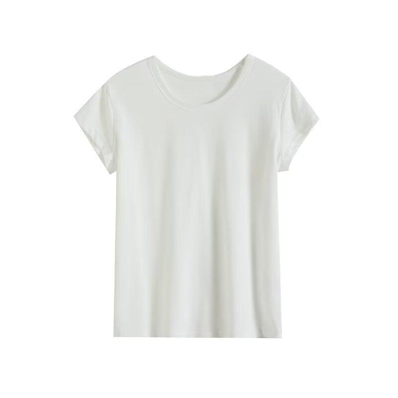 

Shoulder Summer Pure Color Silm Cotton round Neck Short Sleeve MD White M