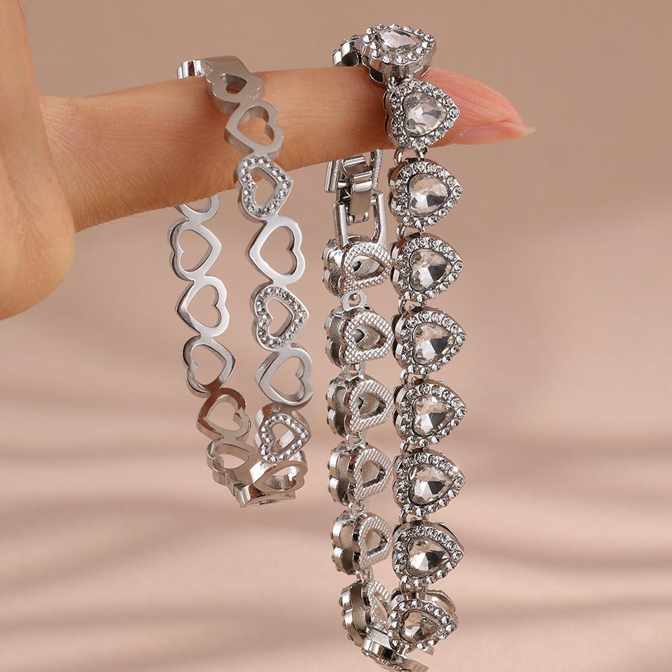 

ZAKOL Fashion Trendy Heart Bracelet Bangle Set for Women Luxury Zircon Crystal Stainless Steel Bracelet Christmas Holiday Gift