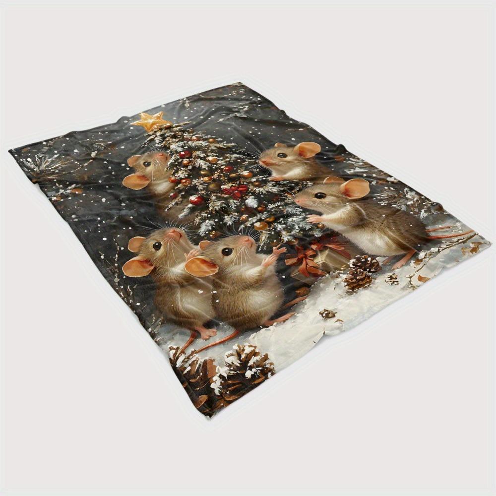 Cozy Christmas Tree & Mouse Print Flannel Throw Blanket - Soft, Warm, and Versatile for Couch, Bed, Office, and Travel - Machine