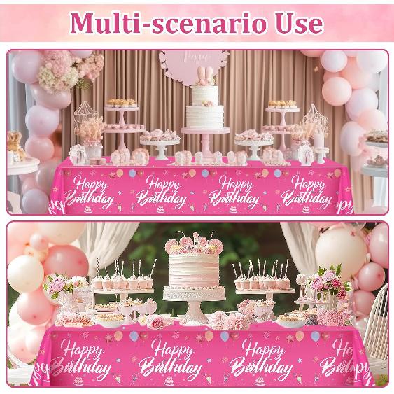Happy Birthday Tablecloth Decorations 108 x 54 Inch for Women Girls, 2Pcs Disposable Plastic Birthday TableCovers Party Supplies, Hot Pink Waterproof