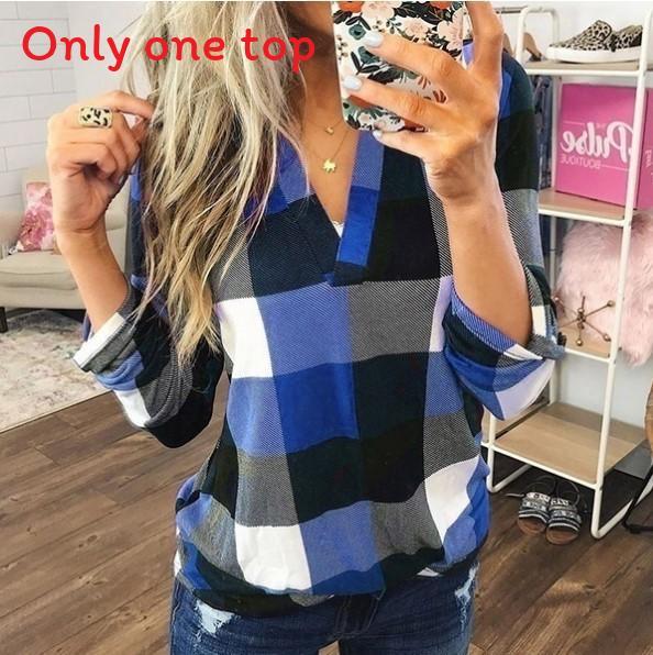 Casual Cotton Blend Plaid Shirt With Printed Vneck For Womens Office Wear