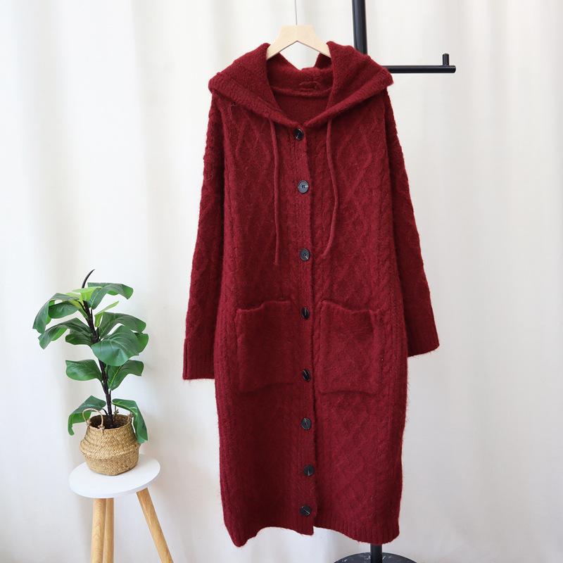 

Осень и зима новый кардиган длинный вязаный утолщенный с капюшоном, свободный ленивый ветер, тонкая куртка-свитер женская One size красный