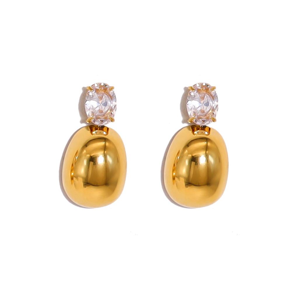 Stainless Steel Three-Dimensional Smooth Water Drop Earrings, French Commuter Zircon Inlaid Long Titanium Steel Stud Earrings For Women